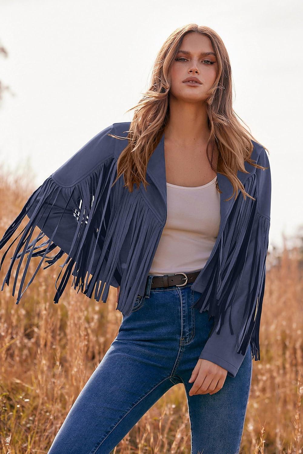 imagePRETTYGARDEN Womens Fringe Faux Suede Leather Jackets Fall Fashion 2026 Tassel Motorcycle Cropped CoatsHaze Blue