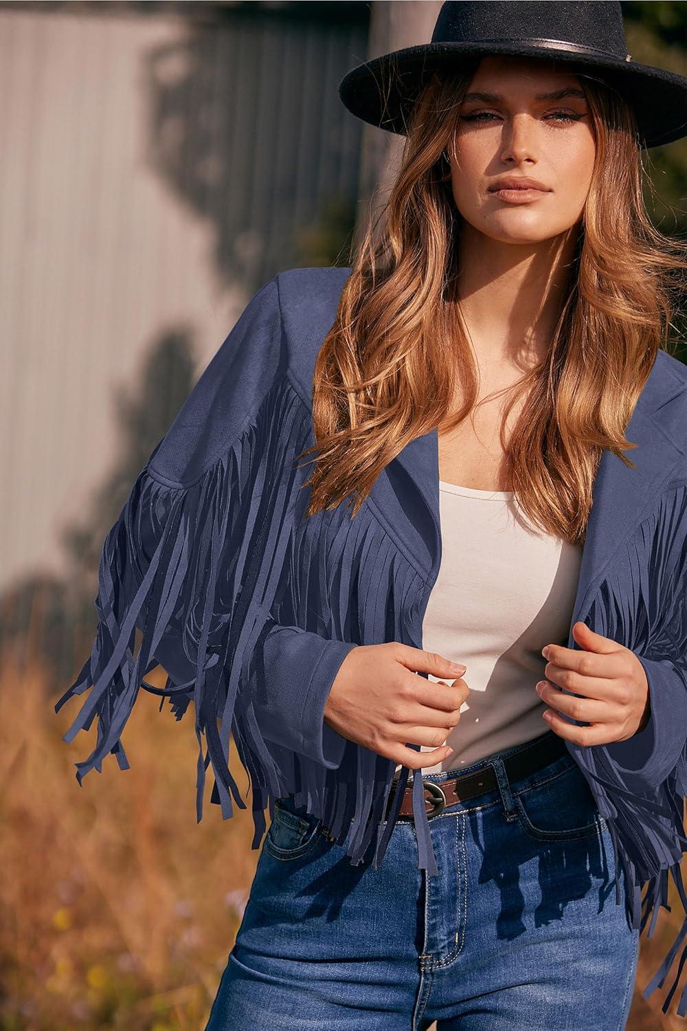 imagePRETTYGARDEN Womens Fringe Faux Suede Leather Jackets Fall Fashion 2026 Tassel Motorcycle Cropped CoatsHaze Blue
