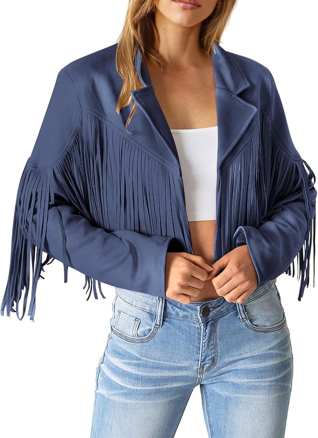 imagePRETTYGARDEN Womens Fringe Faux Suede Leather Jackets Fall Fashion 2026 Tassel Motorcycle Cropped CoatsHaze Blue