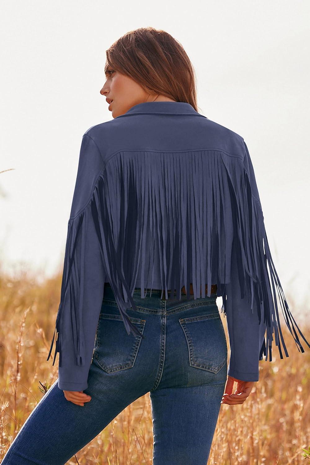 imagePRETTYGARDEN Womens Fringe Faux Suede Leather Jackets Fall Fashion 2026 Tassel Motorcycle Cropped CoatsHaze Blue