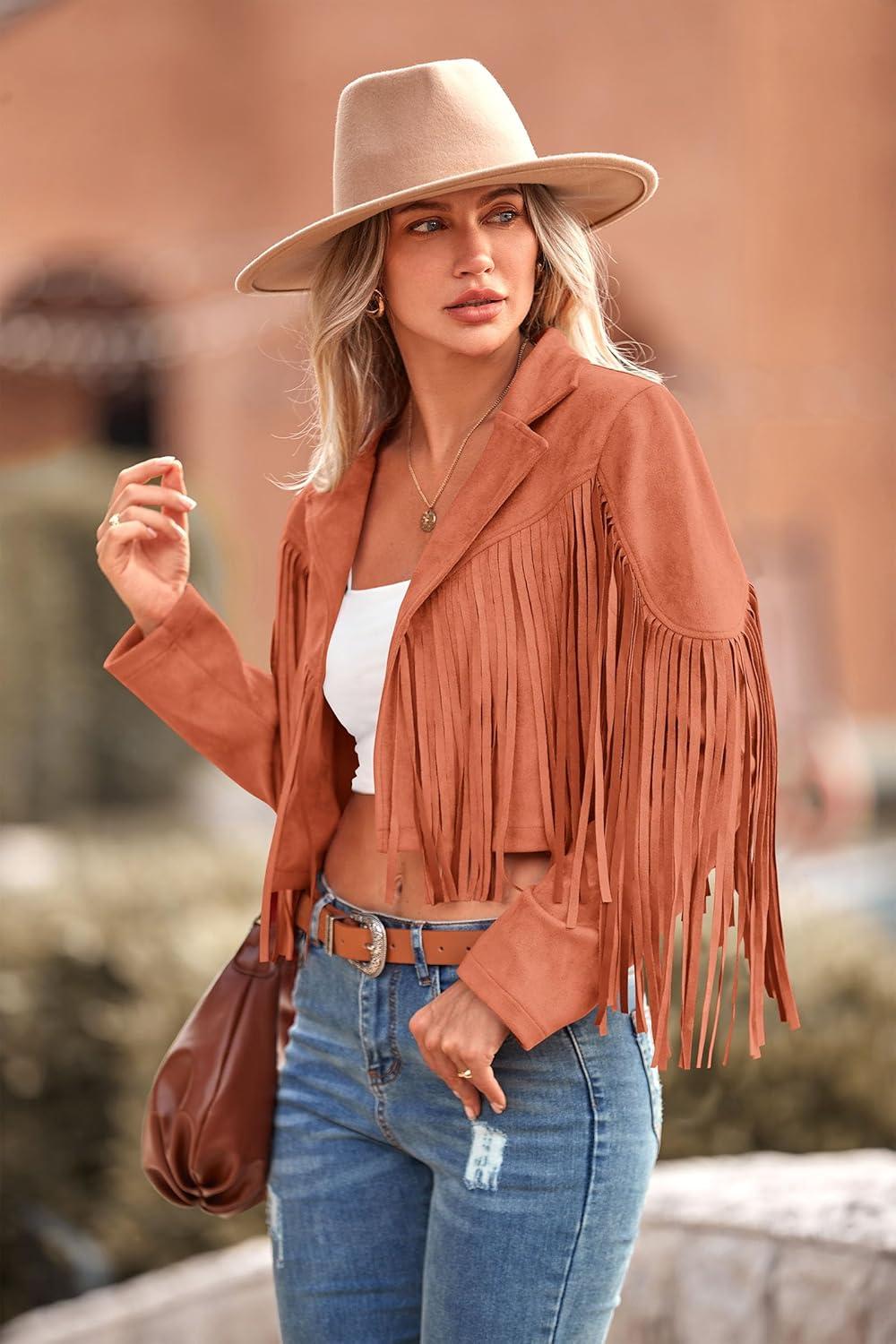imagePRETTYGARDEN Womens Fringe Faux Suede Leather Jackets Fall Fashion 2026 Tassel Motorcycle Cropped CoatsOrange