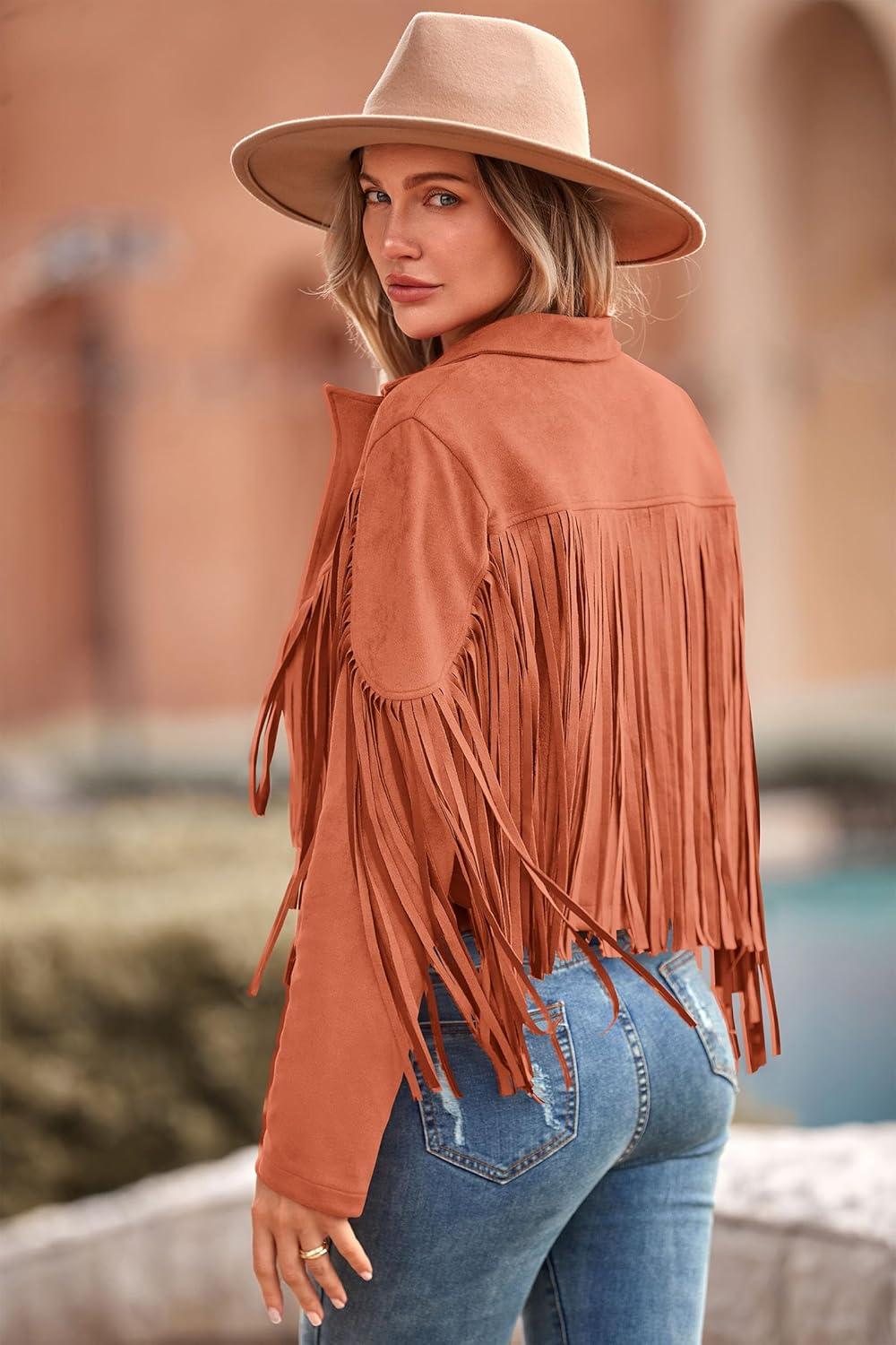imagePRETTYGARDEN Womens Fringe Faux Suede Leather Jackets Fall Fashion 2026 Tassel Motorcycle Cropped CoatsOrange