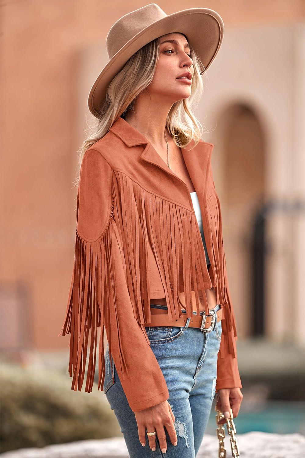 imagePRETTYGARDEN Womens Fringe Faux Suede Leather Jackets Fall Fashion 2026 Tassel Motorcycle Cropped CoatsOrange