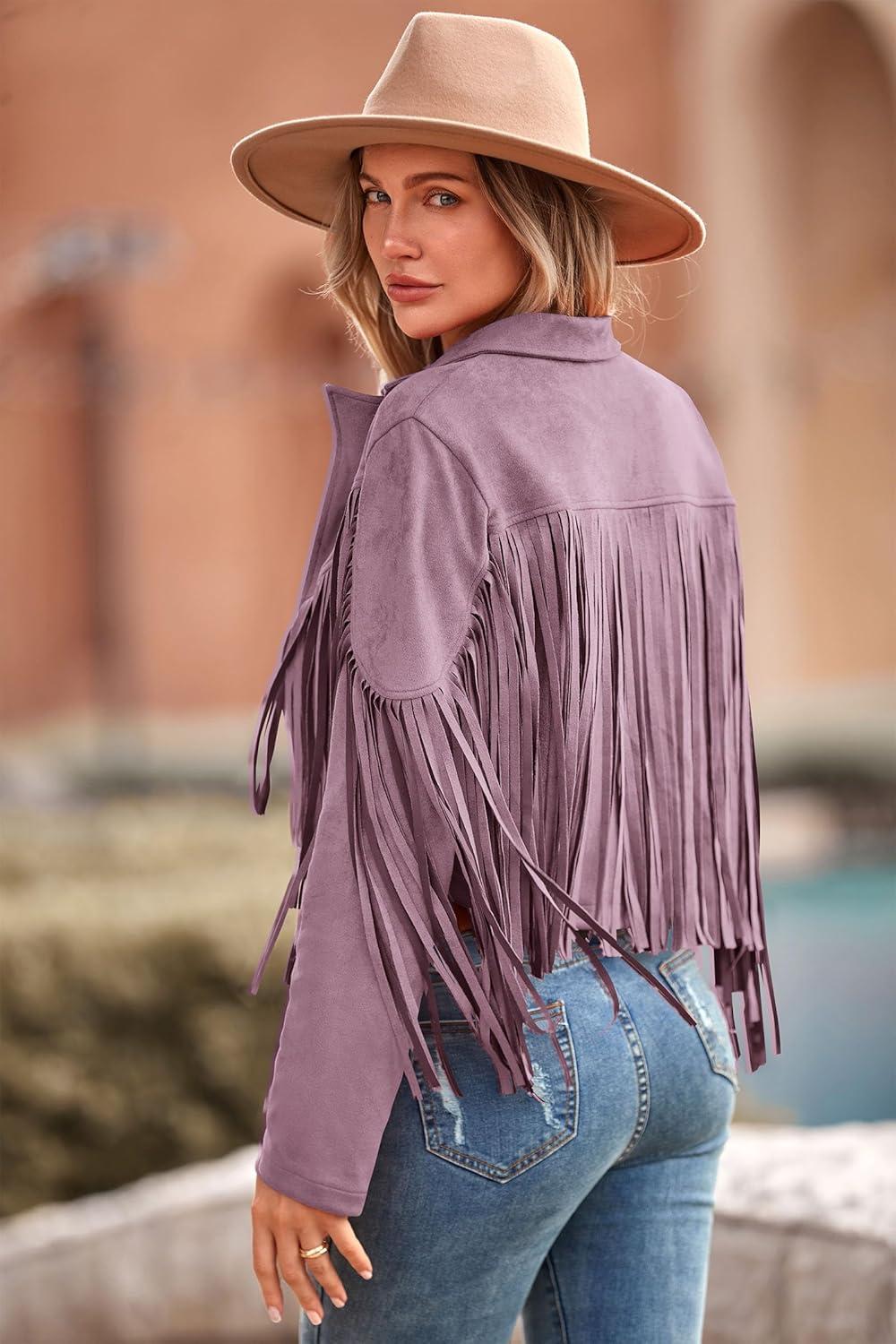 imagePRETTYGARDEN Womens Fringe Faux Suede Leather Jackets Fall Fashion 2026 Tassel Motorcycle Cropped CoatsPurple