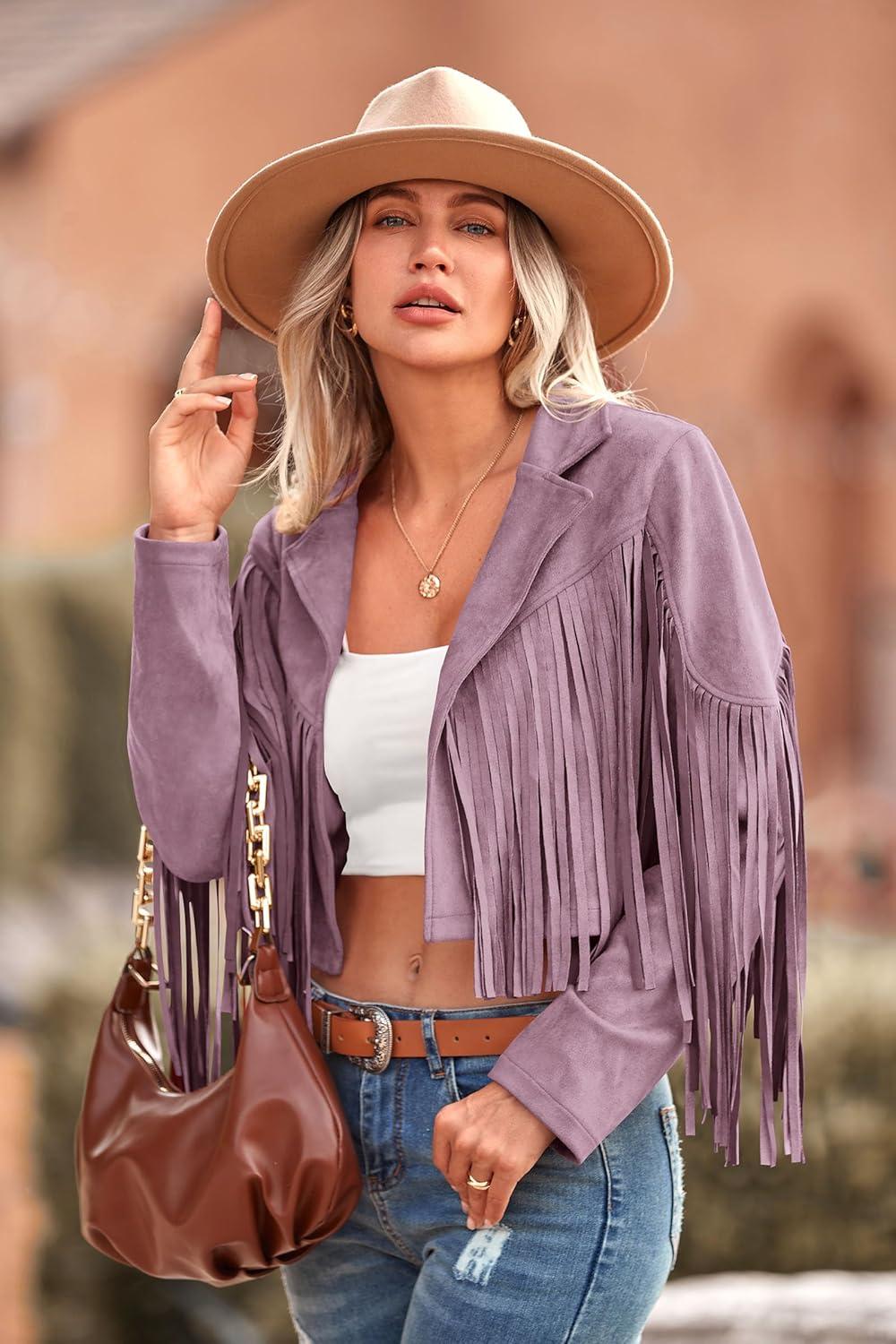 imagePRETTYGARDEN Womens Fringe Faux Suede Leather Jackets Fall Fashion 2026 Tassel Motorcycle Cropped CoatsPurple