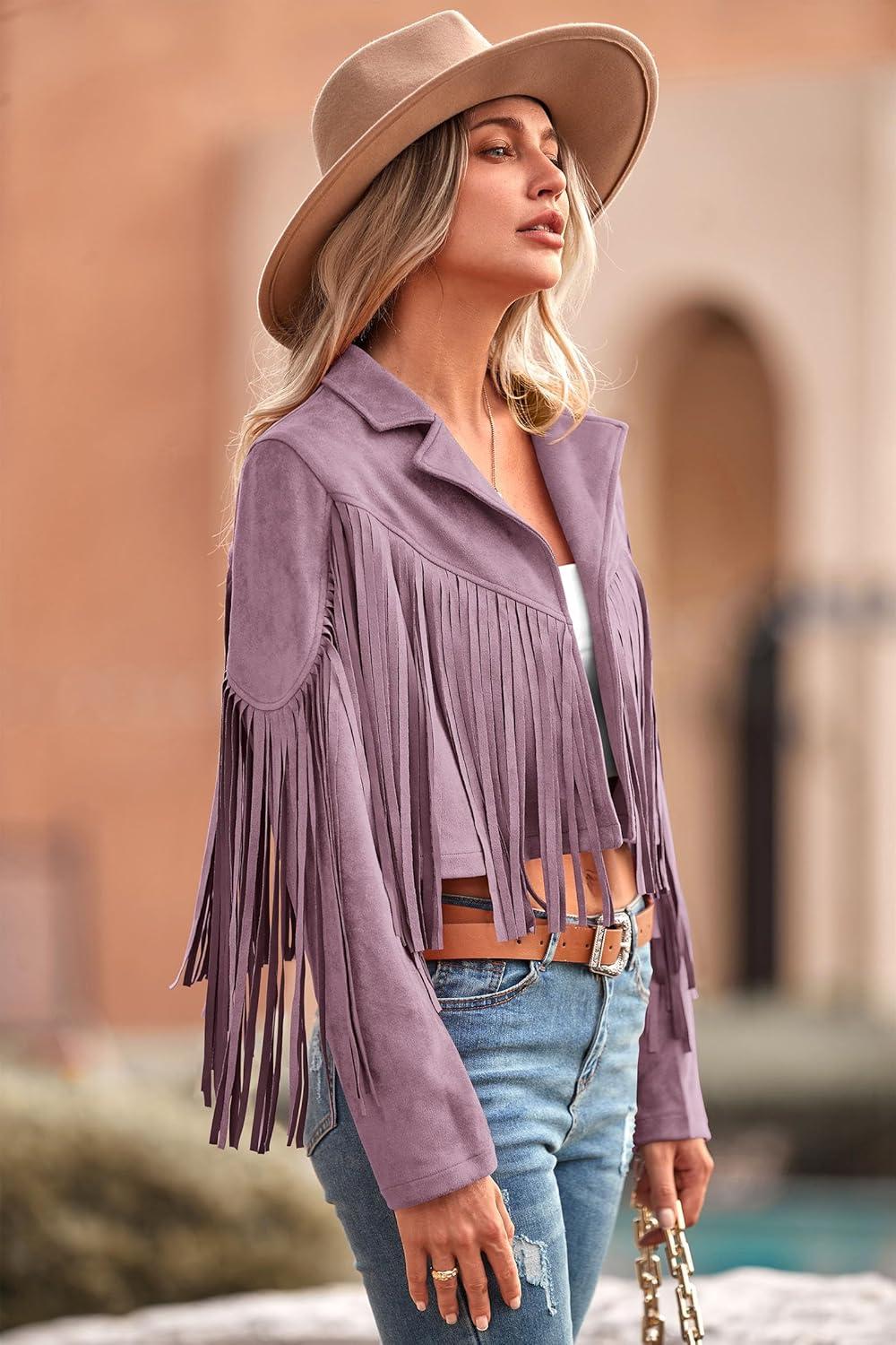 imagePRETTYGARDEN Womens Fringe Faux Suede Leather Jackets Fall Fashion 2026 Tassel Motorcycle Cropped CoatsPurple