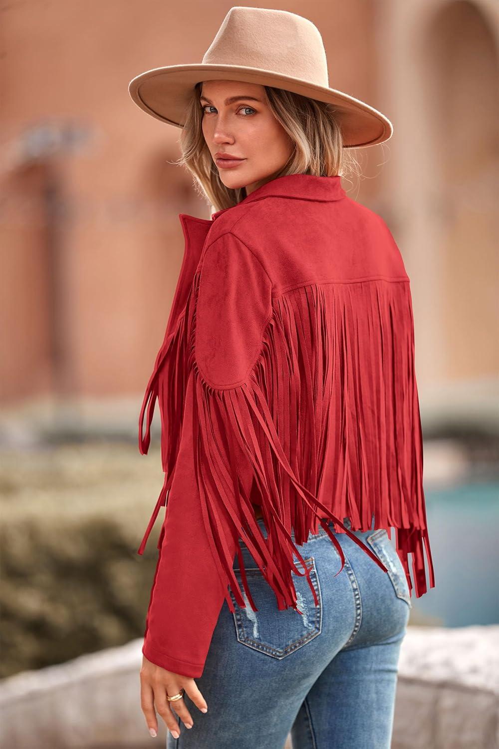 imagePRETTYGARDEN Womens Fringe Faux Suede Leather Jackets Fall Fashion 2026 Tassel Motorcycle Cropped CoatsRed