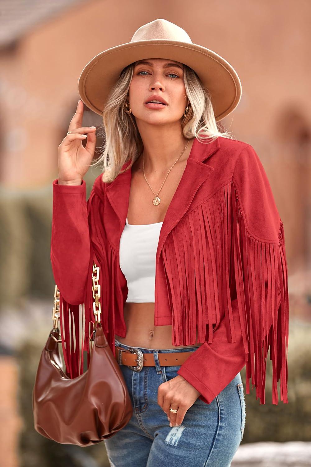 imagePRETTYGARDEN Womens Fringe Faux Suede Leather Jackets Fall Fashion 2026 Tassel Motorcycle Cropped CoatsRed