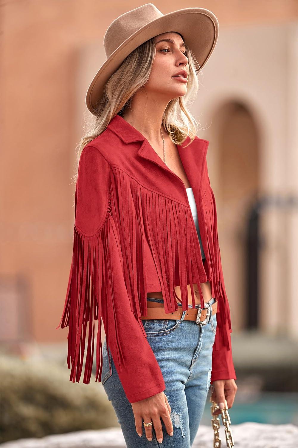 imagePRETTYGARDEN Womens Fringe Faux Suede Leather Jackets Fall Fashion 2026 Tassel Motorcycle Cropped CoatsRed