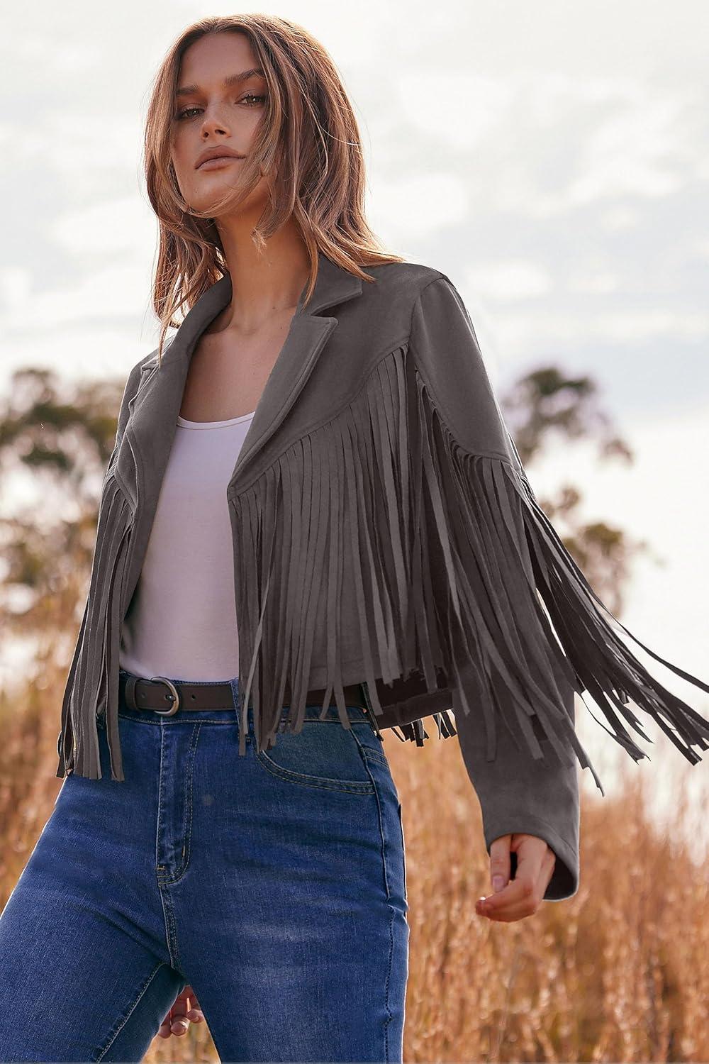 imagePRETTYGARDEN Womens Fringe Faux Suede Leather Jackets Fall Fashion 2026 Tassel Motorcycle Cropped CoatsSilver Grey