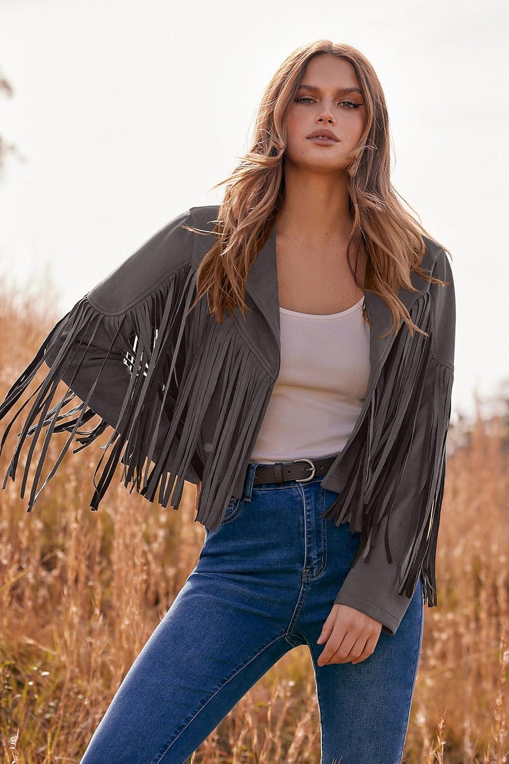 imagePRETTYGARDEN Womens Fringe Faux Suede Leather Jackets Fall Fashion 2026 Tassel Motorcycle Cropped CoatsSilver Grey