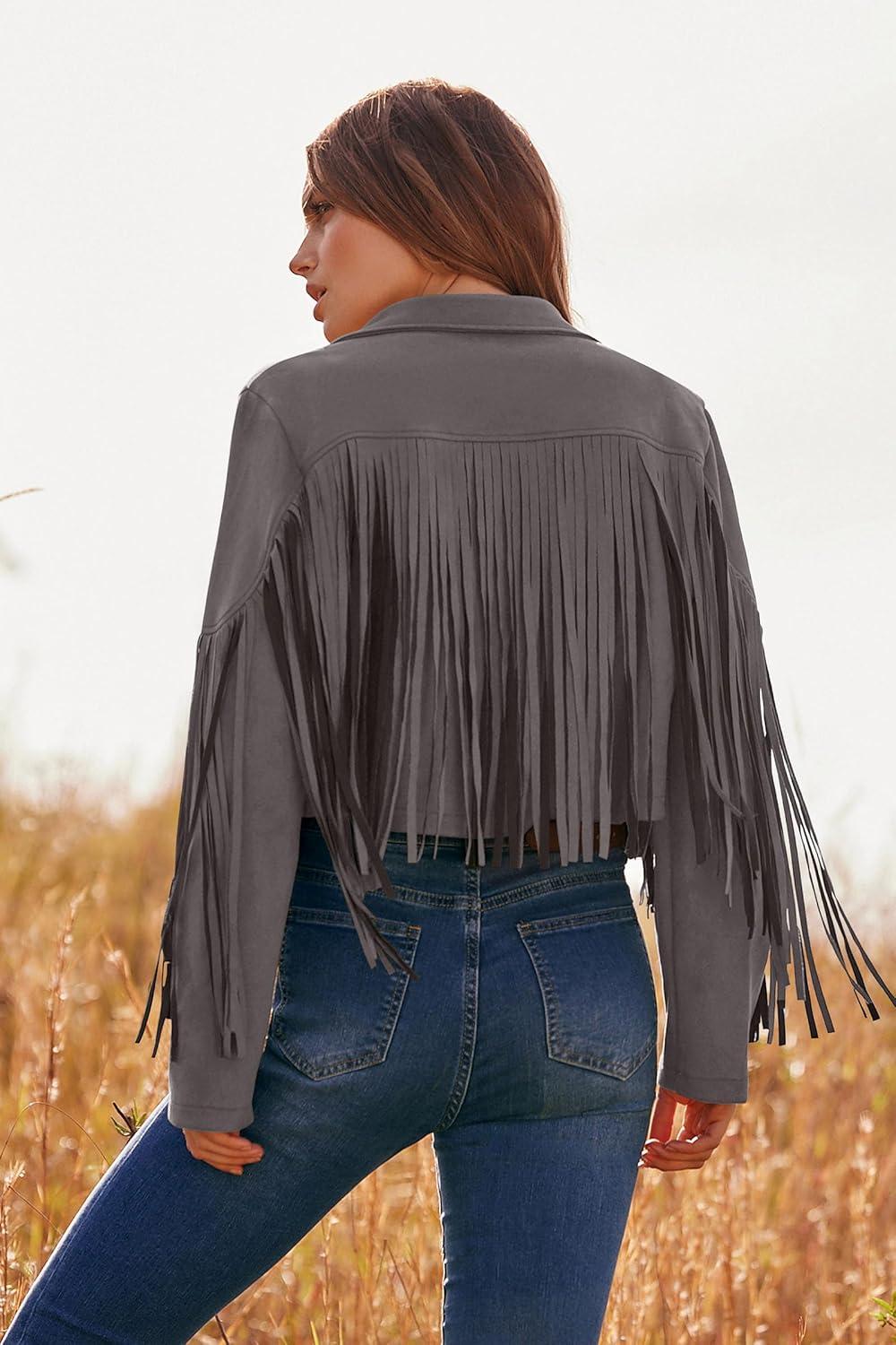 imagePRETTYGARDEN Womens Fringe Faux Suede Leather Jackets Fall Fashion 2026 Tassel Motorcycle Cropped CoatsSilver Grey