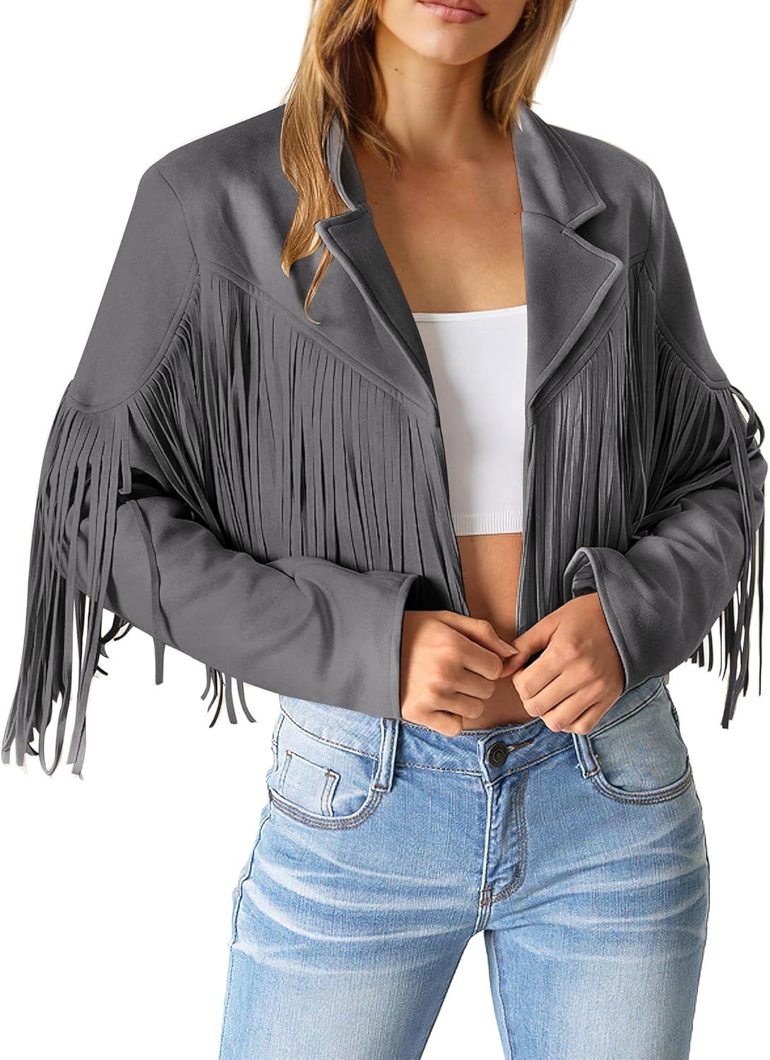 imagePRETTYGARDEN Womens Fringe Faux Suede Leather Jackets Fall Fashion 2026 Tassel Motorcycle Cropped CoatsSilver Grey