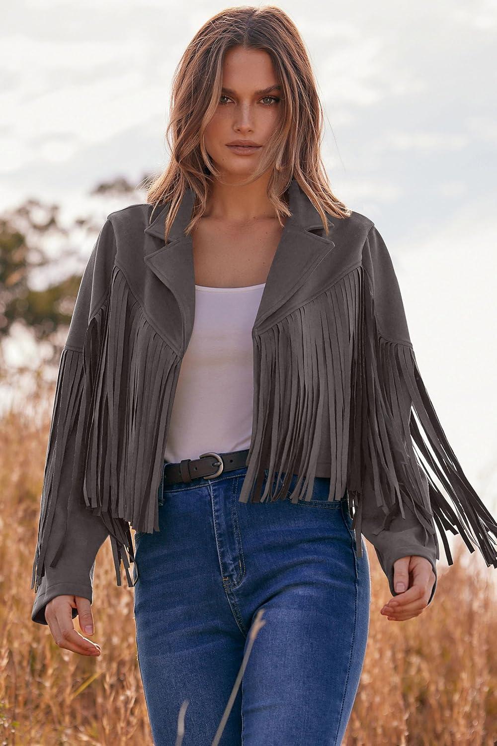 imagePRETTYGARDEN Womens Fringe Faux Suede Leather Jackets Fall Fashion 2026 Tassel Motorcycle Cropped CoatsSilver Grey