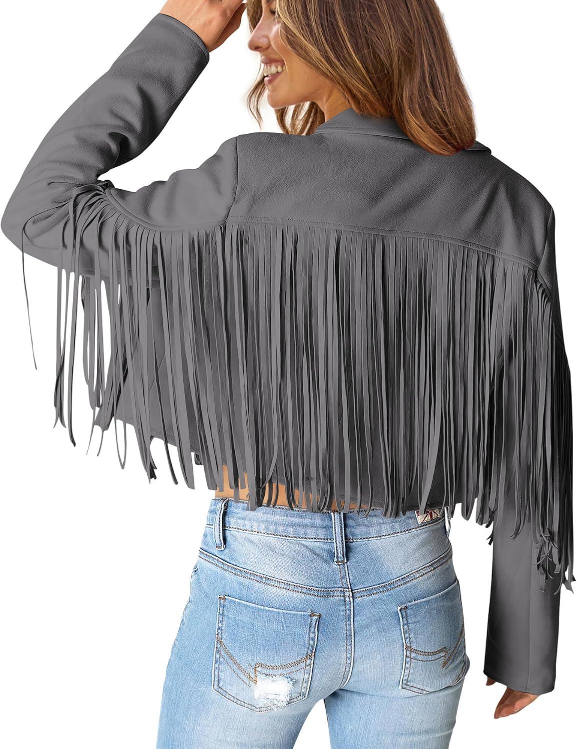 imagePRETTYGARDEN Womens Fringe Faux Suede Leather Jackets Fall Fashion 2026 Tassel Motorcycle Cropped CoatsSilver Grey