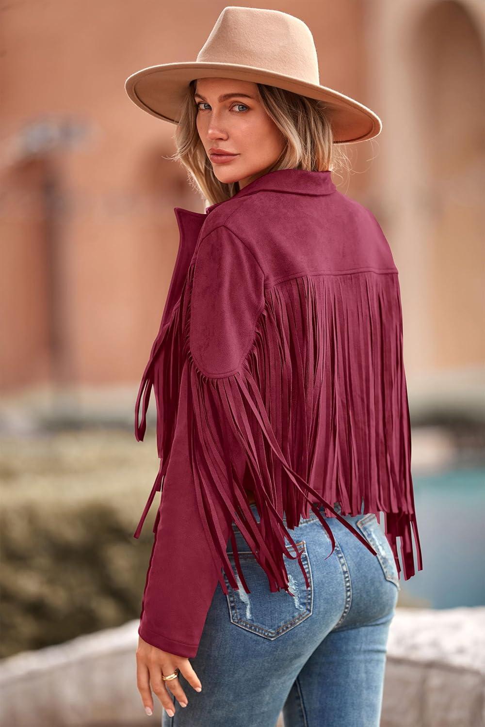imagePRETTYGARDEN Womens Fringe Faux Suede Leather Jackets Fall Fashion 2026 Tassel Motorcycle Cropped CoatsWine Red