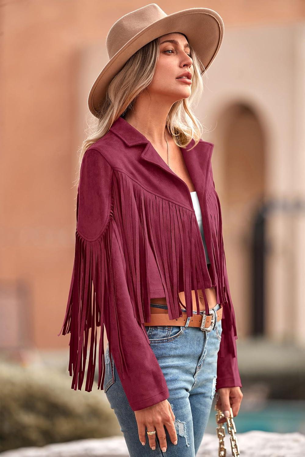 imagePRETTYGARDEN Womens Fringe Faux Suede Leather Jackets Fall Fashion 2026 Tassel Motorcycle Cropped CoatsWine Red