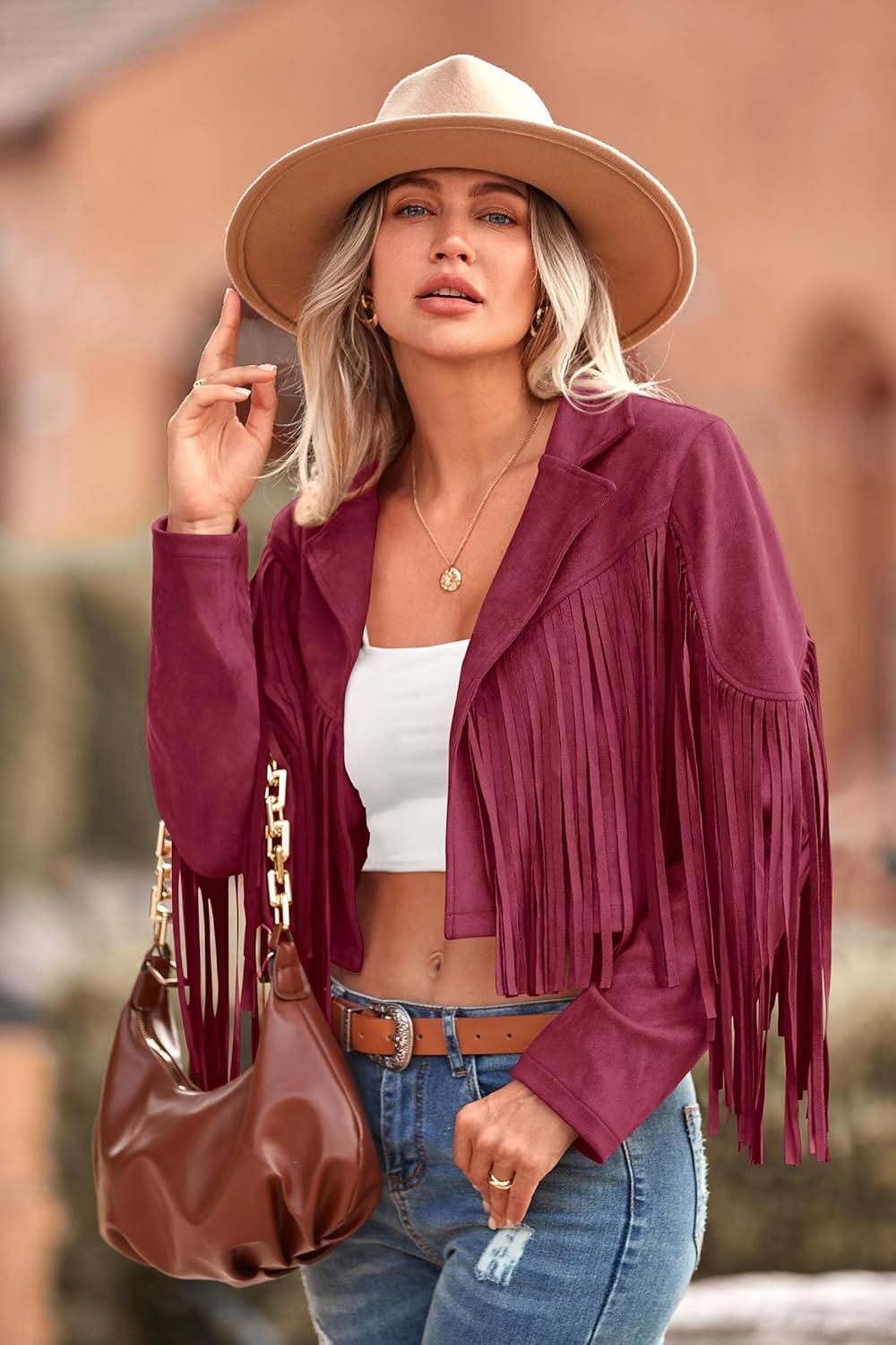 imagePRETTYGARDEN Womens Fringe Faux Suede Leather Jackets Fall Fashion 2026 Tassel Motorcycle Cropped CoatsWine Red