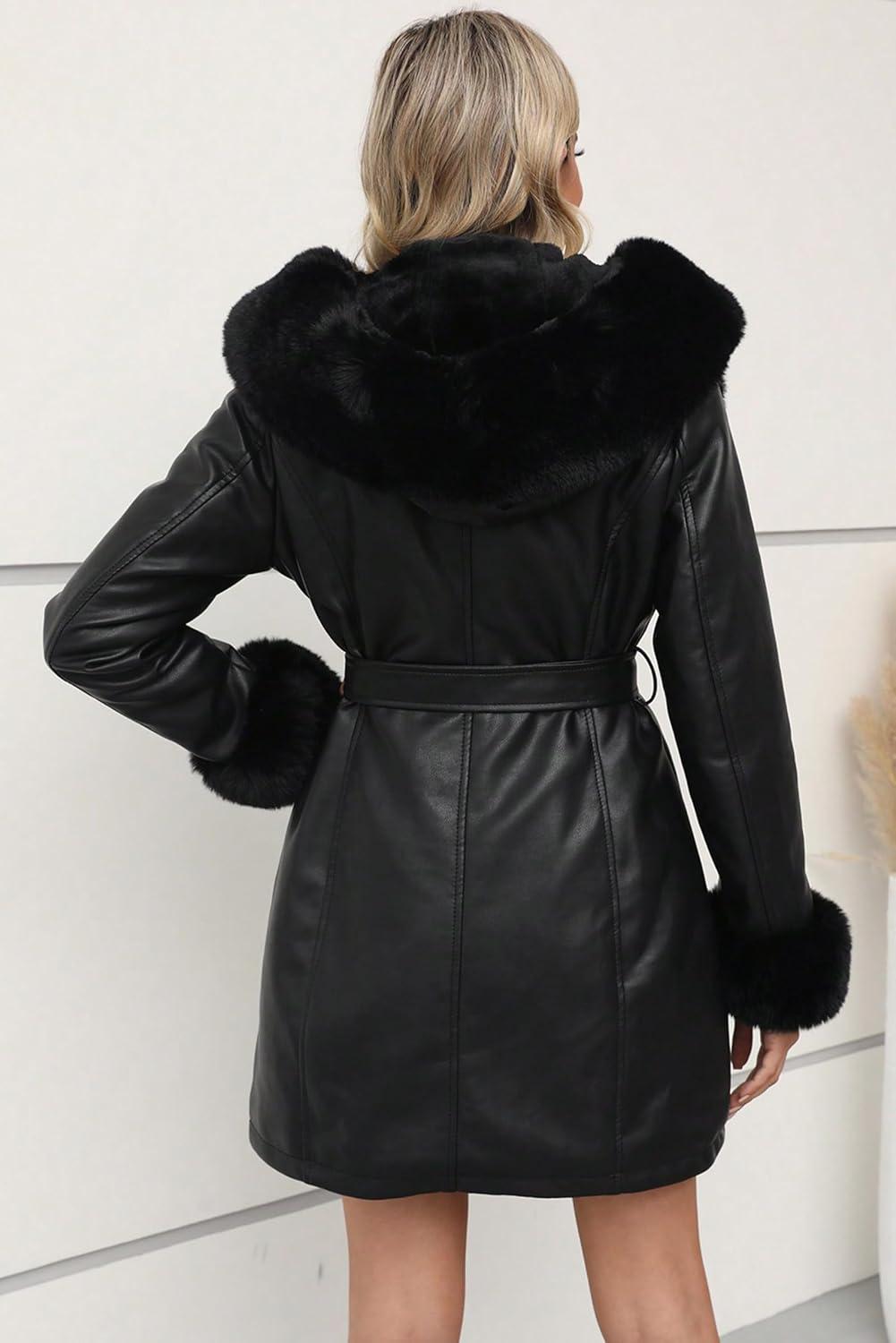 imageRISISSIDA Luxurious Women Winter Fur Lined Coat Leather Jacket with Hooded Long Fur Collar Thick Warm Heavy Overcoat BeltedBlack