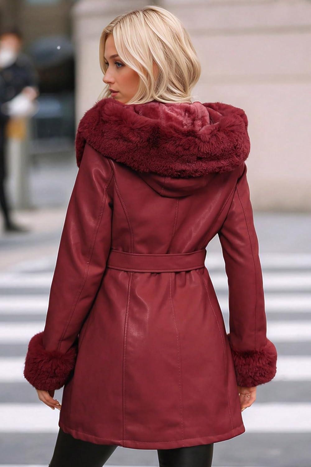 imageRISISSIDA Luxurious Women Winter Fur Lined Coat Leather Jacket with Hooded Long Fur Collar Thick Warm Heavy Overcoat BeltedBurgundy Wine