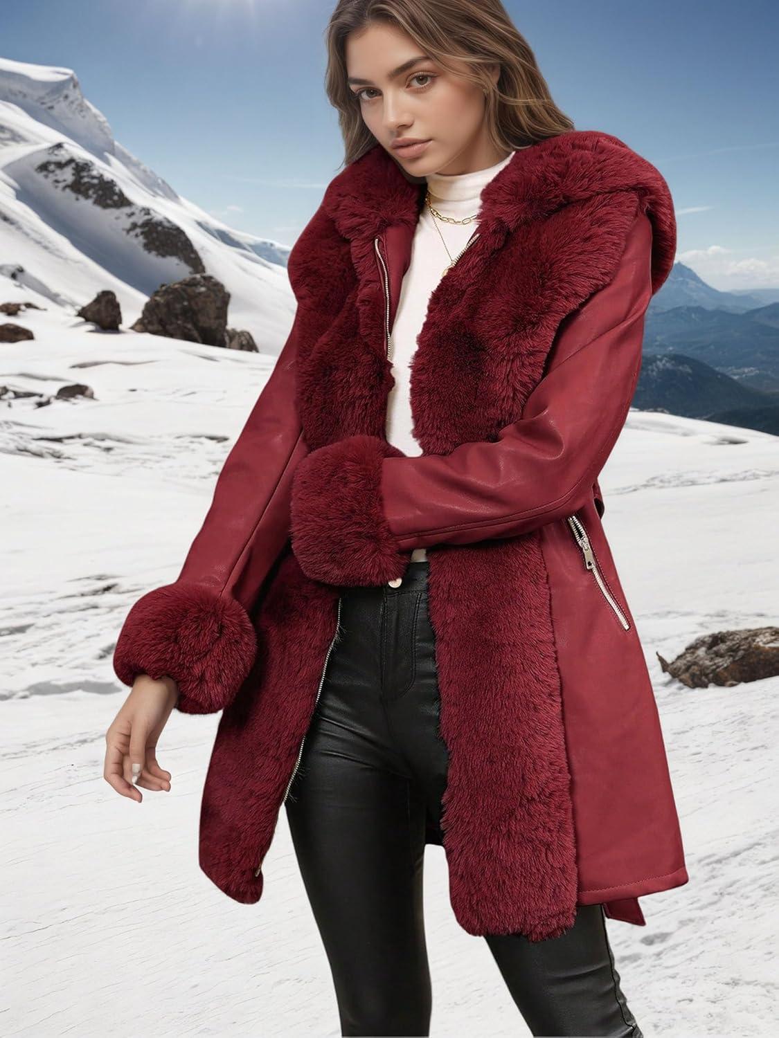 imageRISISSIDA Luxurious Women Winter Fur Lined Coat Leather Jacket with Hooded Long Fur Collar Thick Warm Heavy Overcoat BeltedBurgundy Wine