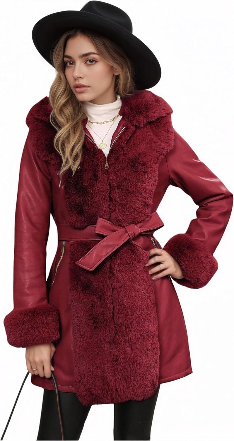 imageRISISSIDA Luxurious Women Winter Fur Lined Coat Leather Jacket with Hooded Long Fur Collar Thick Warm Heavy Overcoat BeltedBurgundy Wine