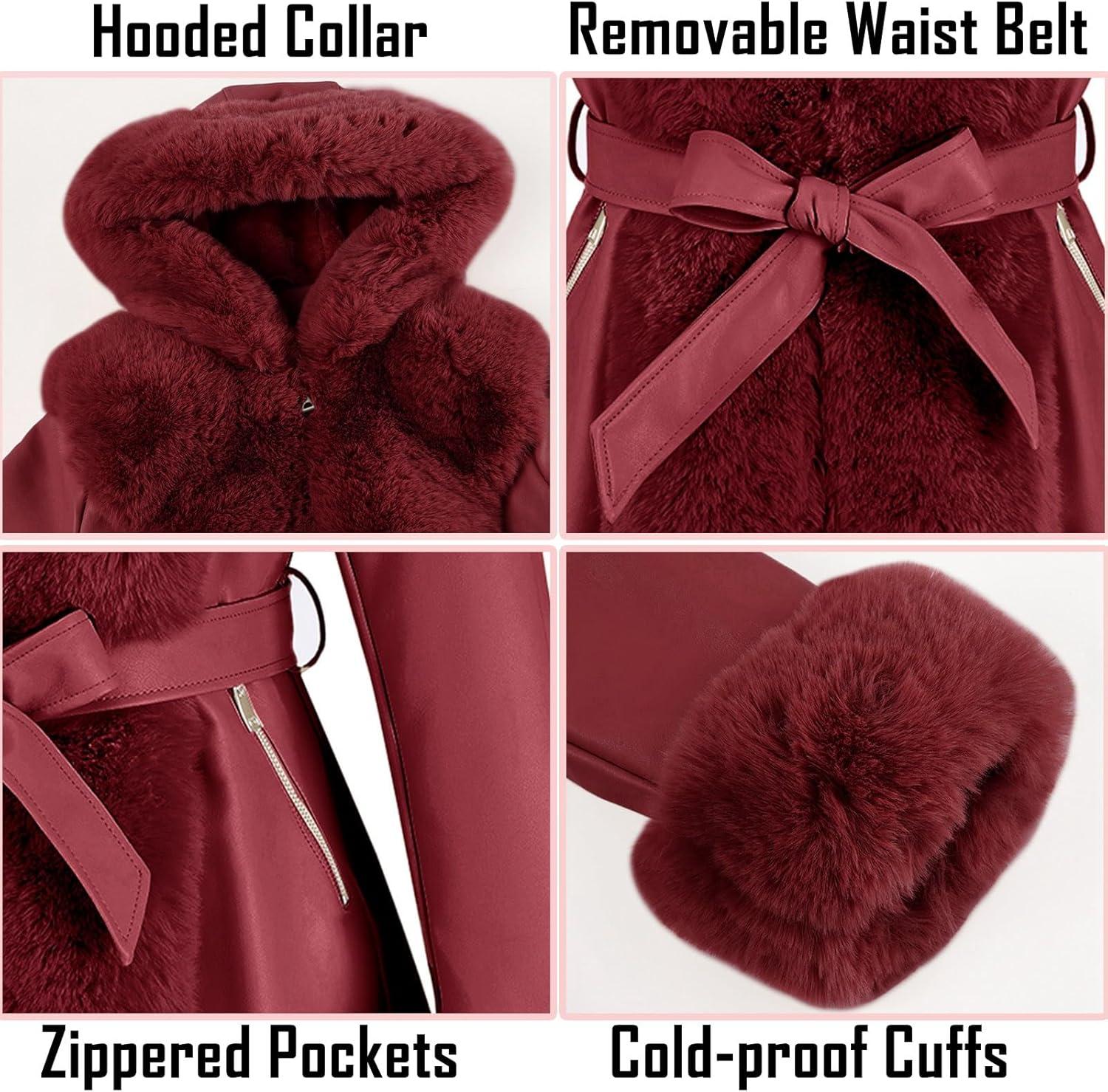 imageRISISSIDA Luxurious Women Winter Fur Lined Coat Leather Jacket with Hooded Long Fur Collar Thick Warm Heavy Overcoat BeltedBurgundy Wine