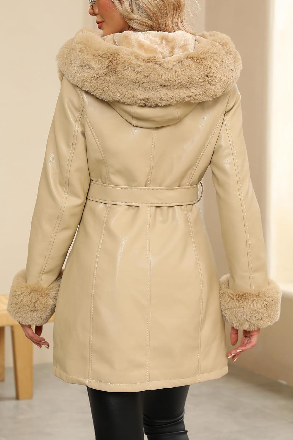 imageRISISSIDA Luxurious Women Winter Fur Lined Coat Leather Jacket with Hooded Long Fur Collar Thick Warm Heavy Overcoat BeltedKhaki
