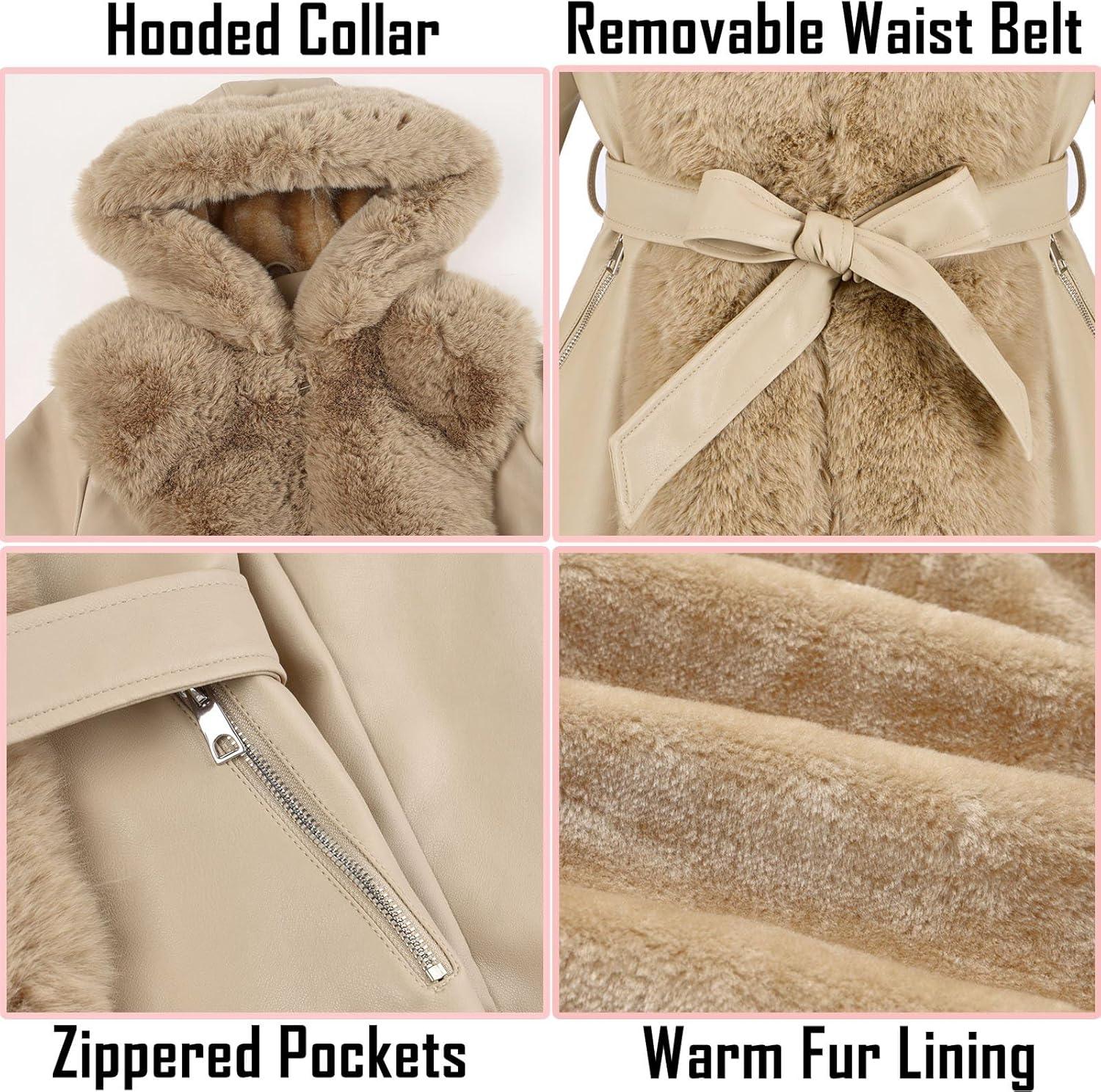 imageRISISSIDA Luxurious Women Winter Fur Lined Coat Leather Jacket with Hooded Long Fur Collar Thick Warm Heavy Overcoat BeltedKhaki
