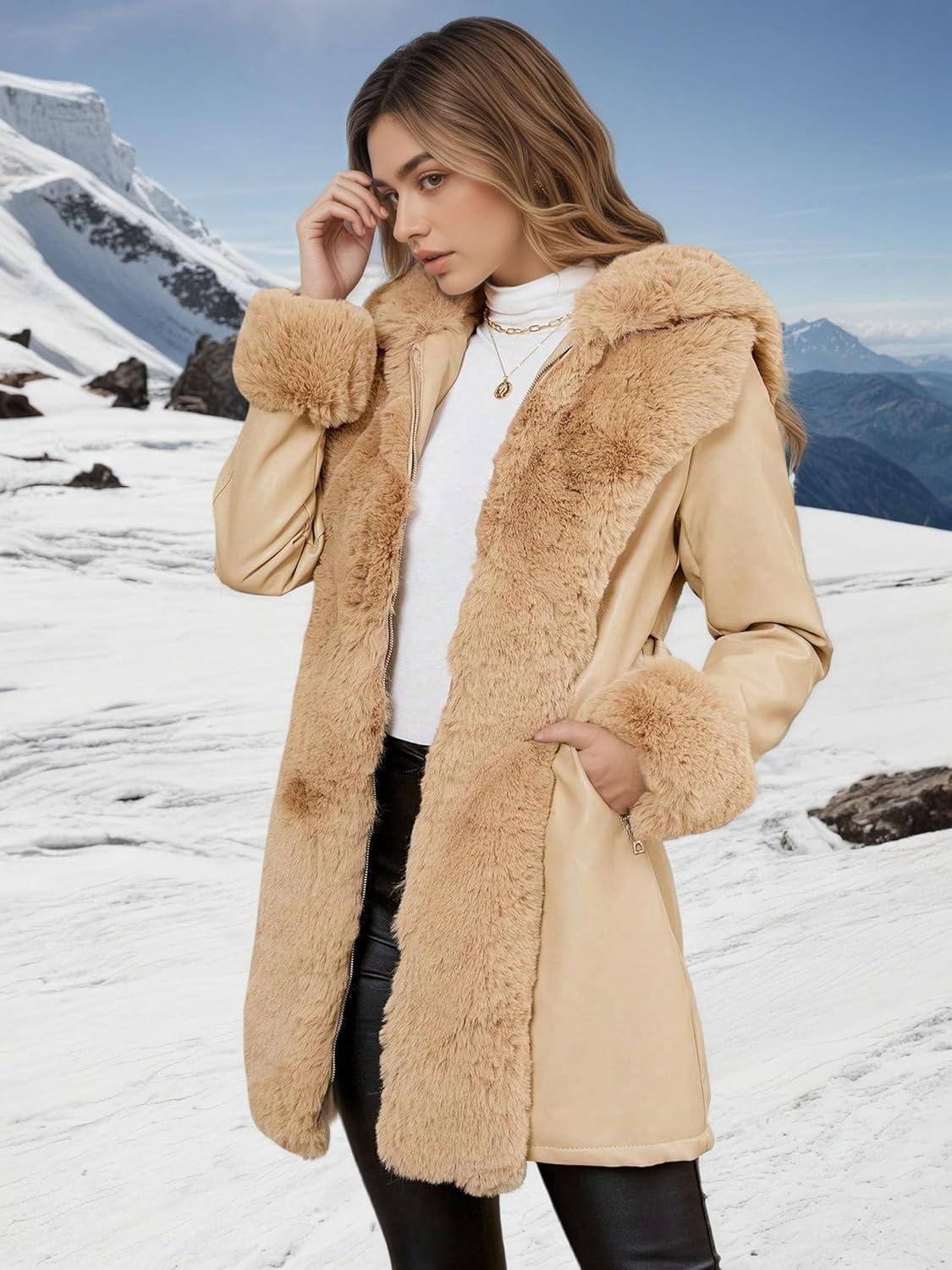 imageRISISSIDA Luxurious Women Winter Fur Lined Coat Leather Jacket with Hooded Long Fur Collar Thick Warm Heavy Overcoat BeltedKhaki