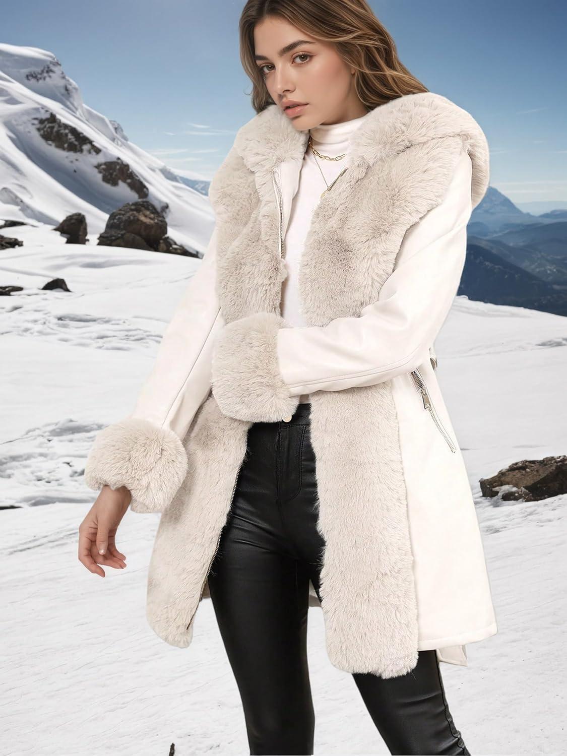 imageRISISSIDA Luxurious Women Winter Fur Lined Coat Leather Jacket with Hooded Long Fur Collar Thick Warm Heavy Overcoat BeltedWhite