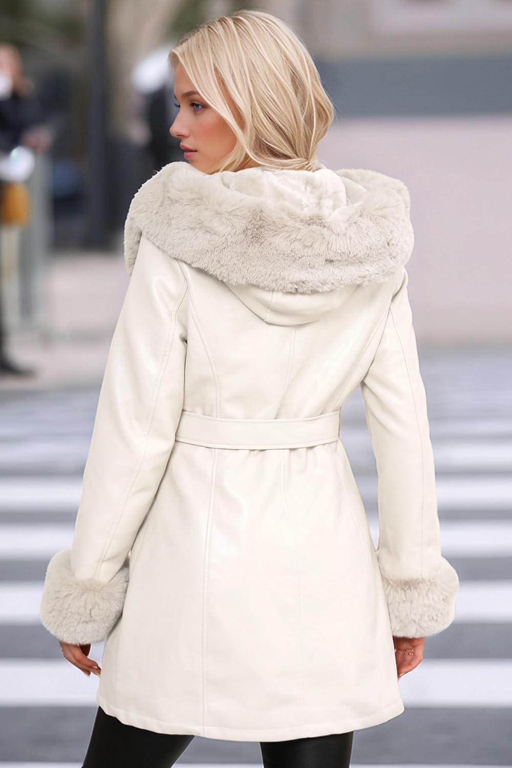 imageRISISSIDA Luxurious Women Winter Fur Lined Coat Leather Jacket with Hooded Long Fur Collar Thick Warm Heavy Overcoat BeltedWhite