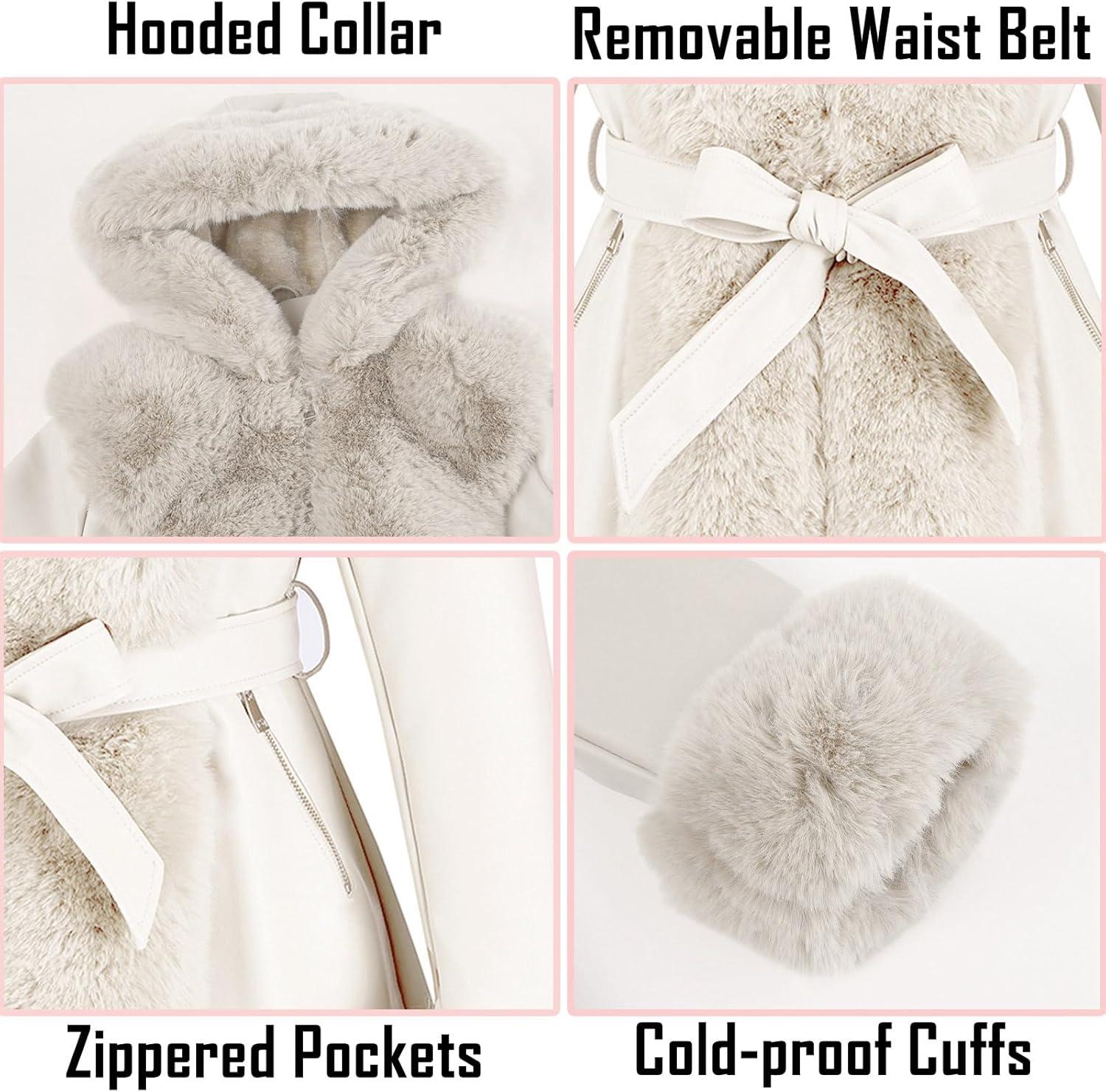 imageRISISSIDA Luxurious Women Winter Fur Lined Coat Leather Jacket with Hooded Long Fur Collar Thick Warm Heavy Overcoat BeltedWhite