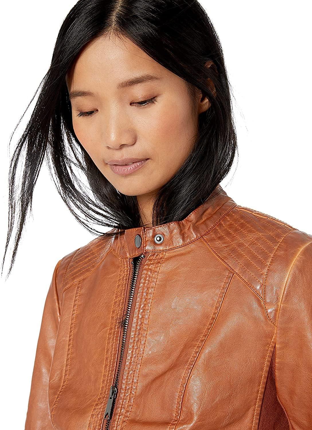 imageSebby Collection Womens Faux Leather Jacket with Moto Details and Front Zip PocketsAdobe