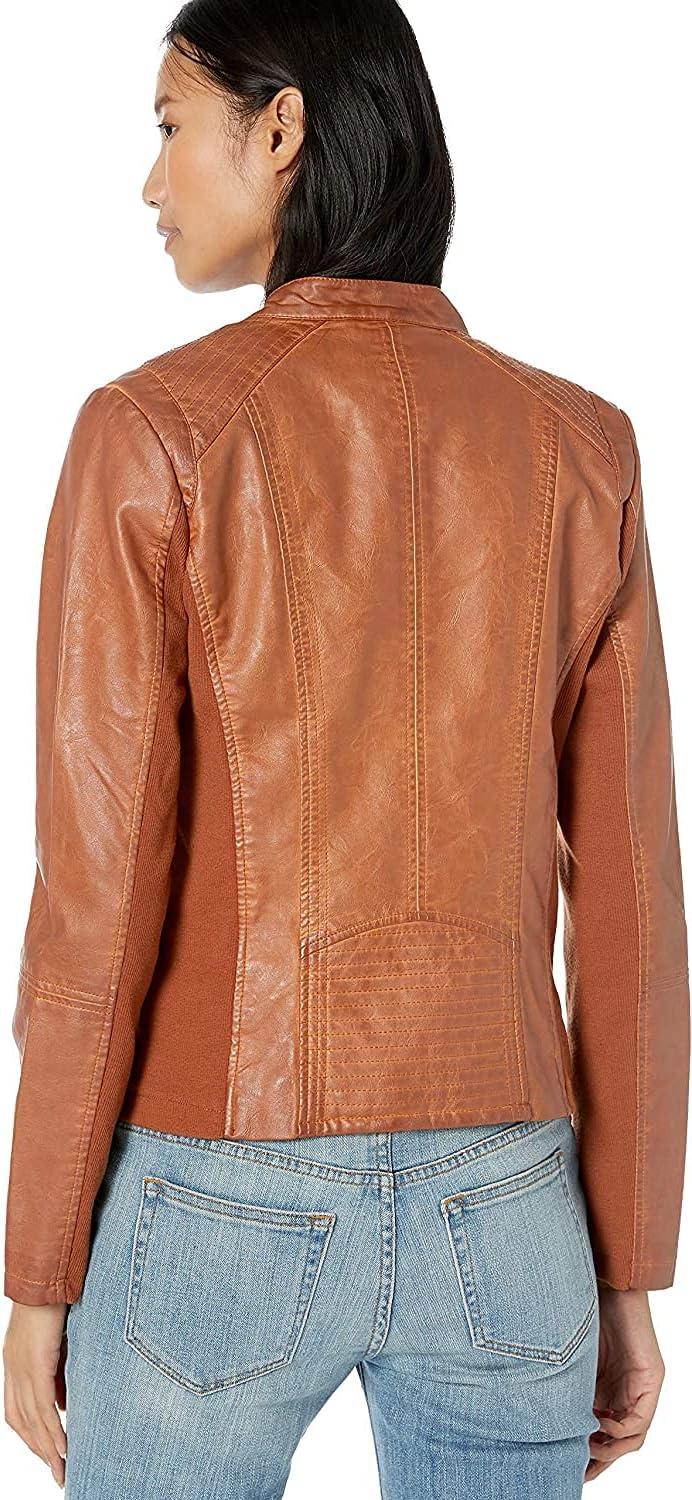 imageSebby Collection Womens Faux Leather Jacket with Moto Details and Front Zip PocketsAdobe