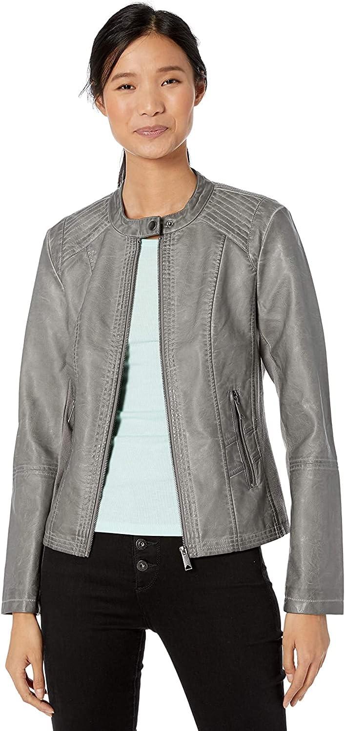imageSebby Collection Womens Faux Leather Jacket with Moto Details and Front Zip PocketsLight Grey