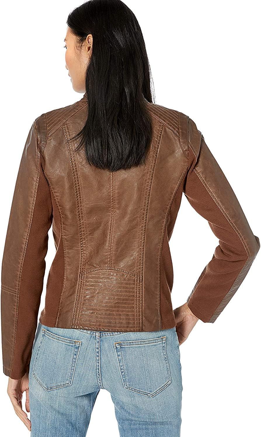 imageSebby Collection Womens Faux Leather Jacket with Moto Details and Front Zip PocketsWhiskey
