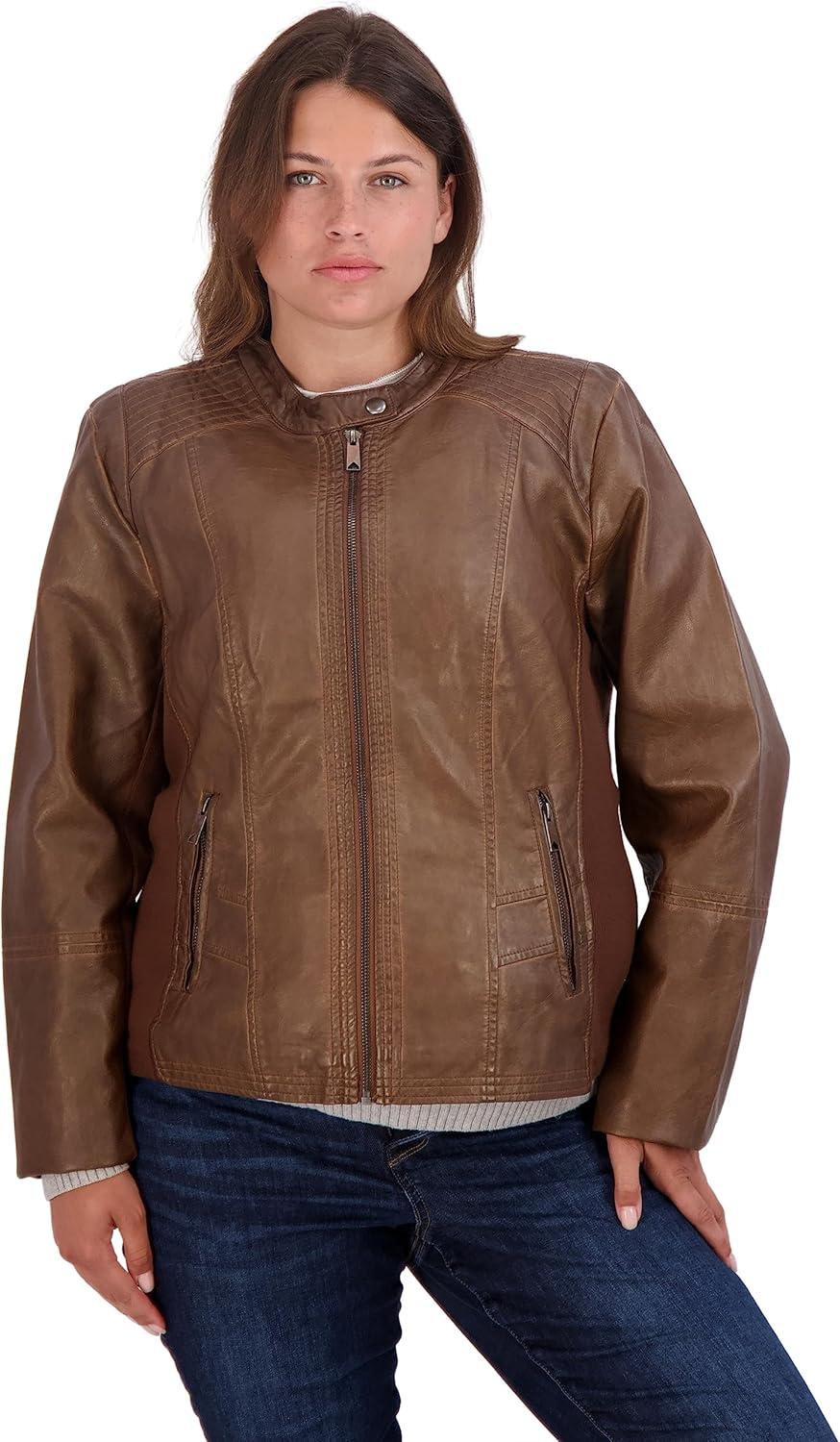 imageSebby Collection Womens Faux Leather Jacket with Moto Details and Front Zip PocketsWhiskey