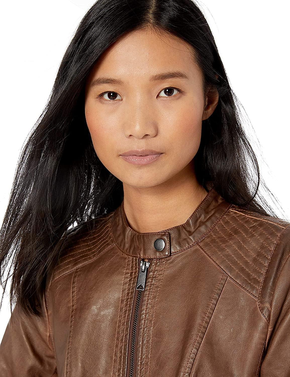 imageSebby Collection Womens Faux Leather Jacket with Moto Details and Front Zip PocketsWhiskey