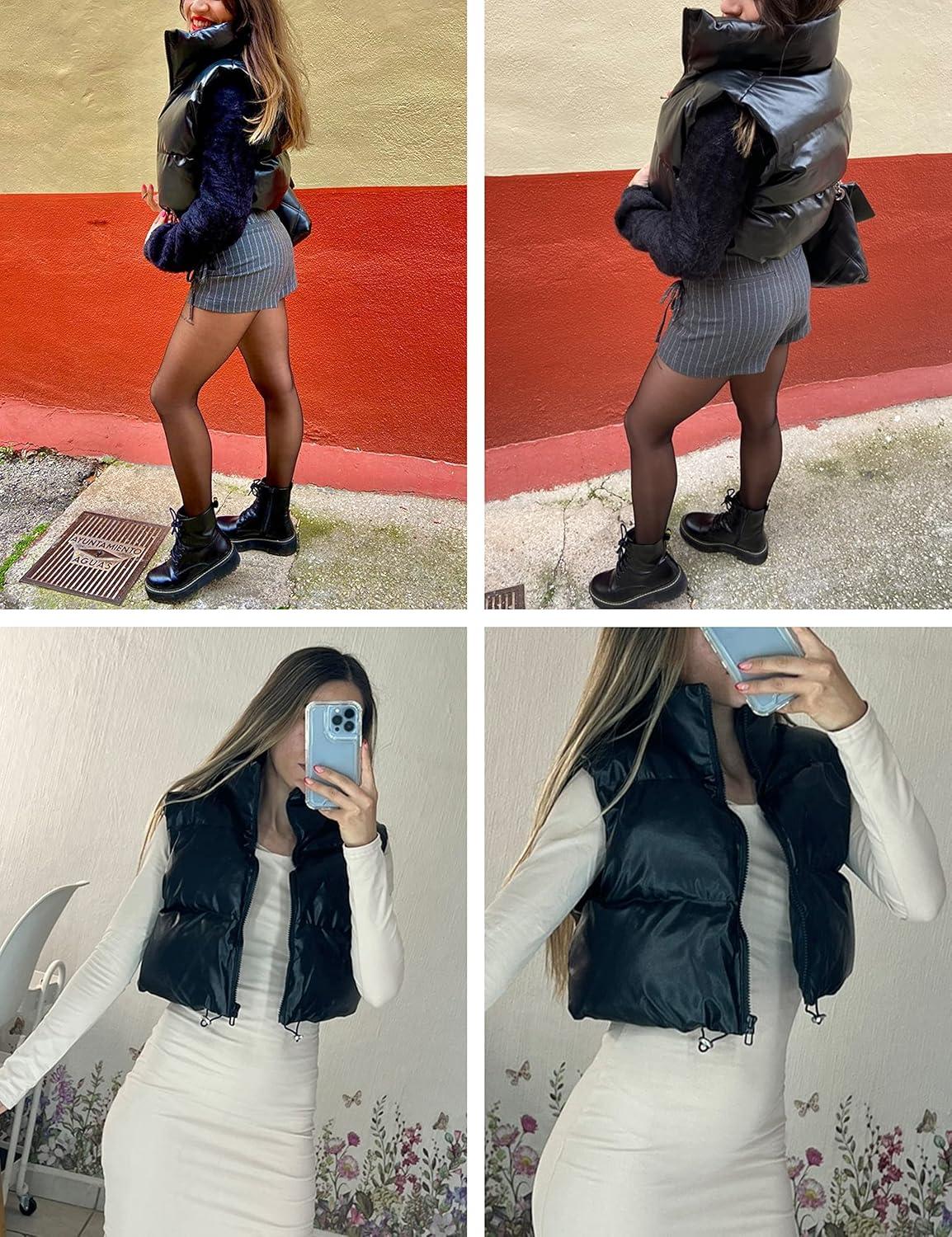 imageUANEO Cropped Puffer Vest Women Zip Up Stand Collar Sleeveless Padded Crop Puffy Vests3 Vegan Leatherblack
