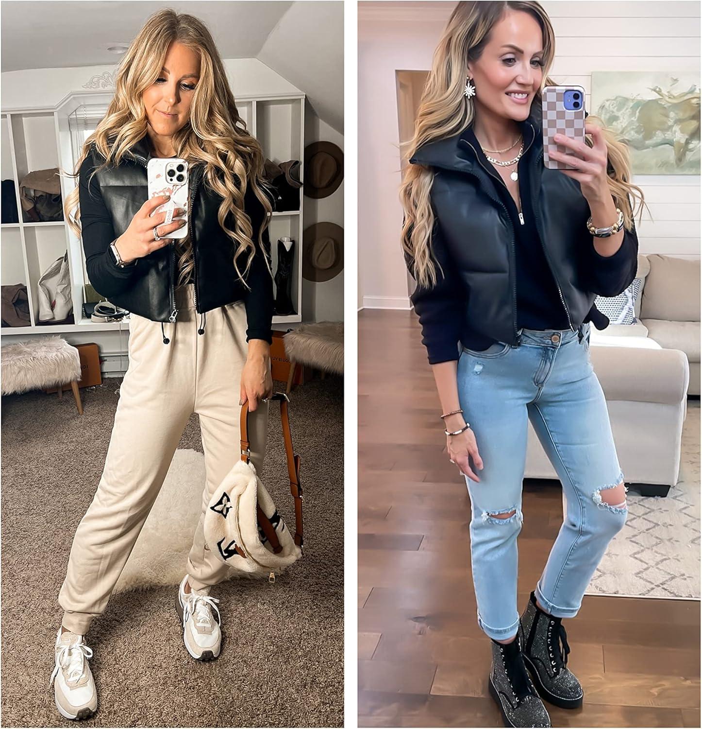 imageUANEO Cropped Puffer Vest Women Zip Up Stand Collar Sleeveless Padded Crop Puffy Vests3 Vegan Leatherblack