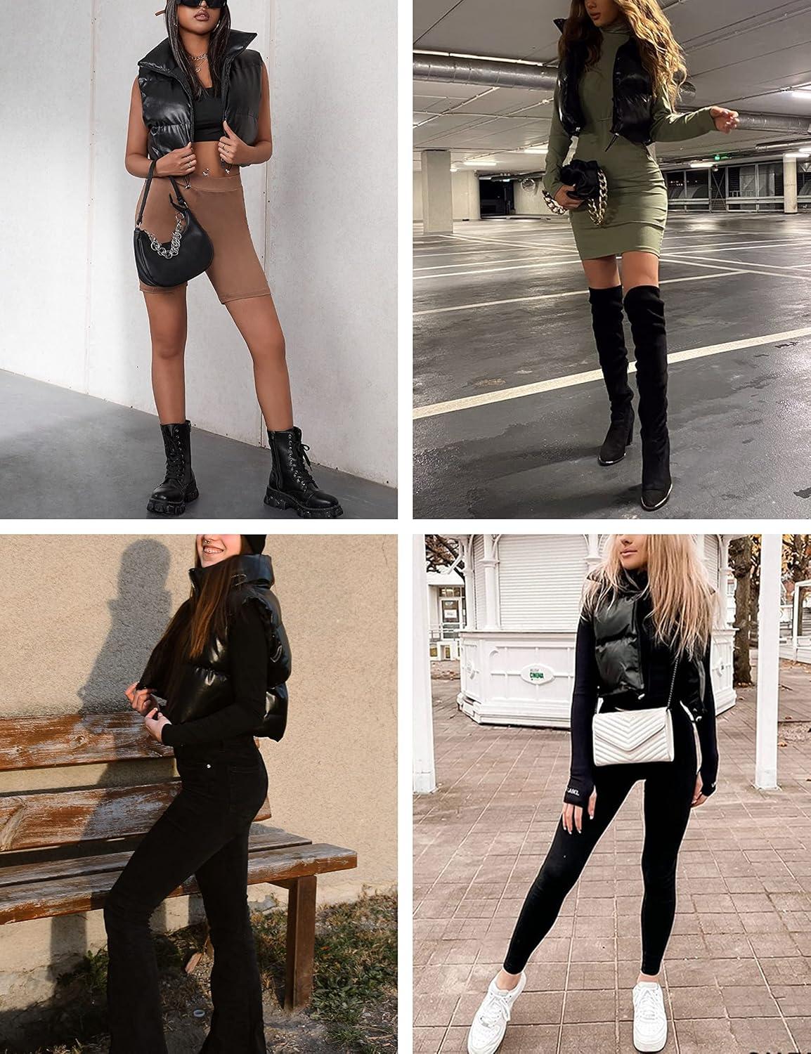imageUANEO Cropped Puffer Vest Women Zip Up Stand Collar Sleeveless Padded Crop Puffy Vests3 Vegan Leatherblack
