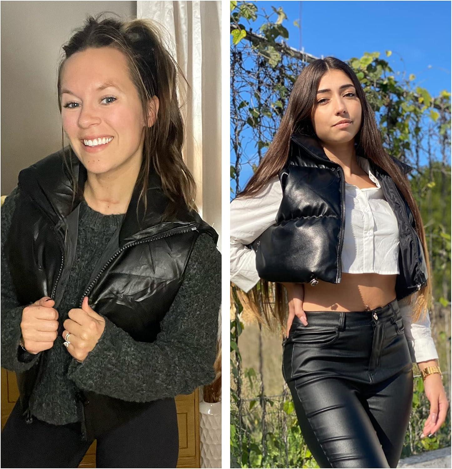 imageUANEO Cropped Puffer Vest Women Zip Up Stand Collar Sleeveless Padded Crop Puffy Vests3 Vegan Leatherblack