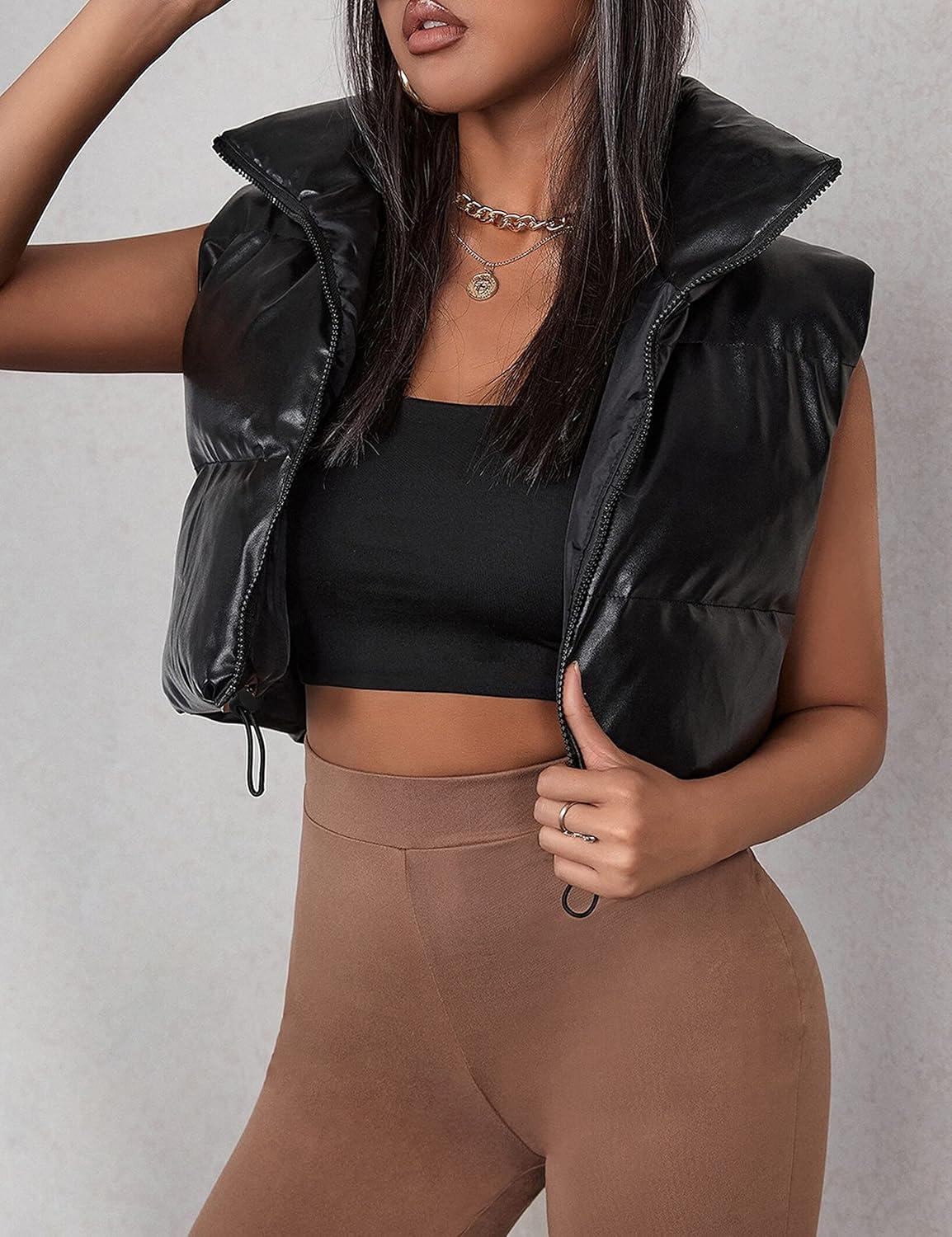 imageUANEO Cropped Puffer Vest Women Zip Up Stand Collar Sleeveless Padded Crop Puffy Vests3 Vegan Leatherblack