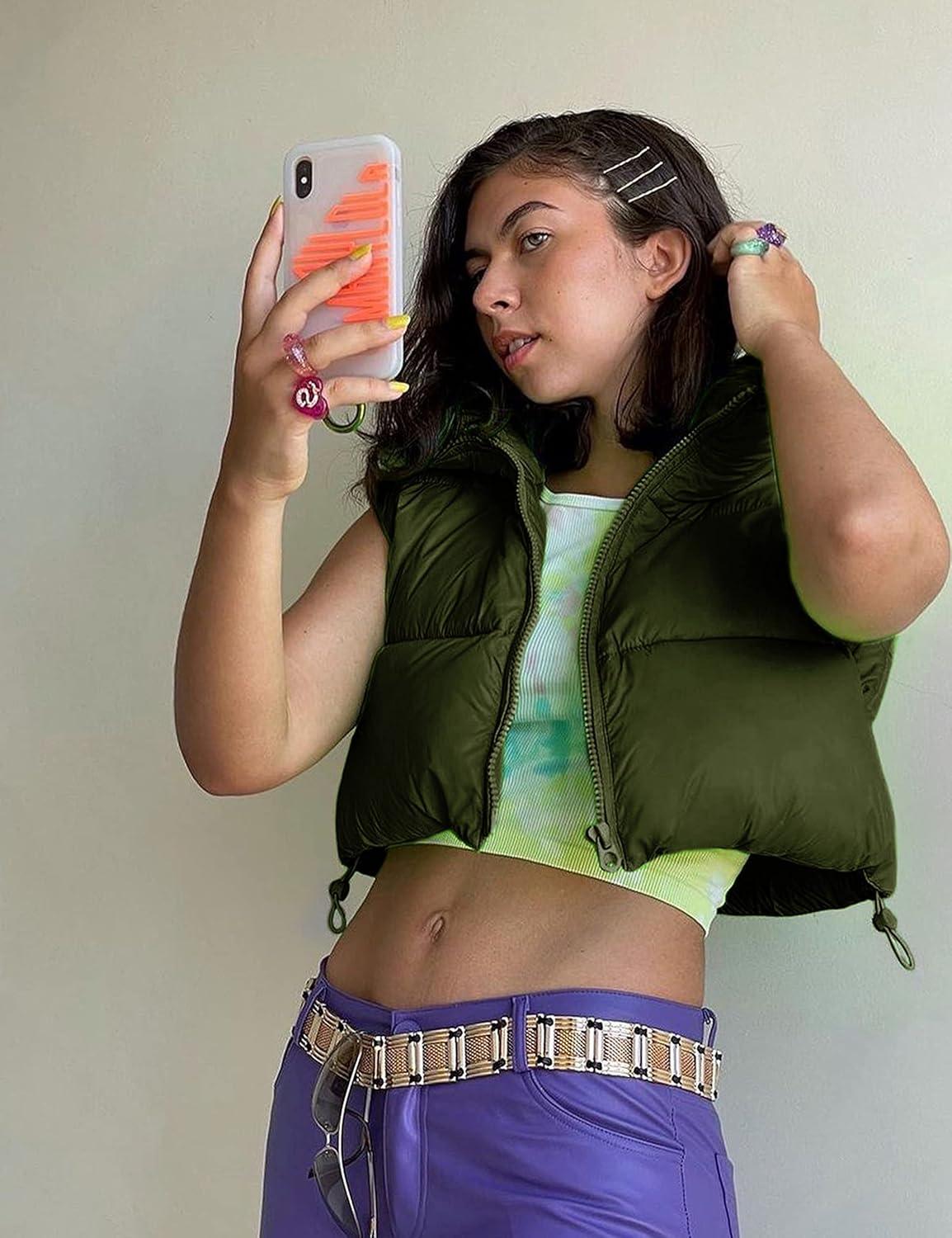 imageUANEO Cropped Puffer Vest Women Zip Up Stand Collar Sleeveless Padded Crop Puffy VestsArmygreen