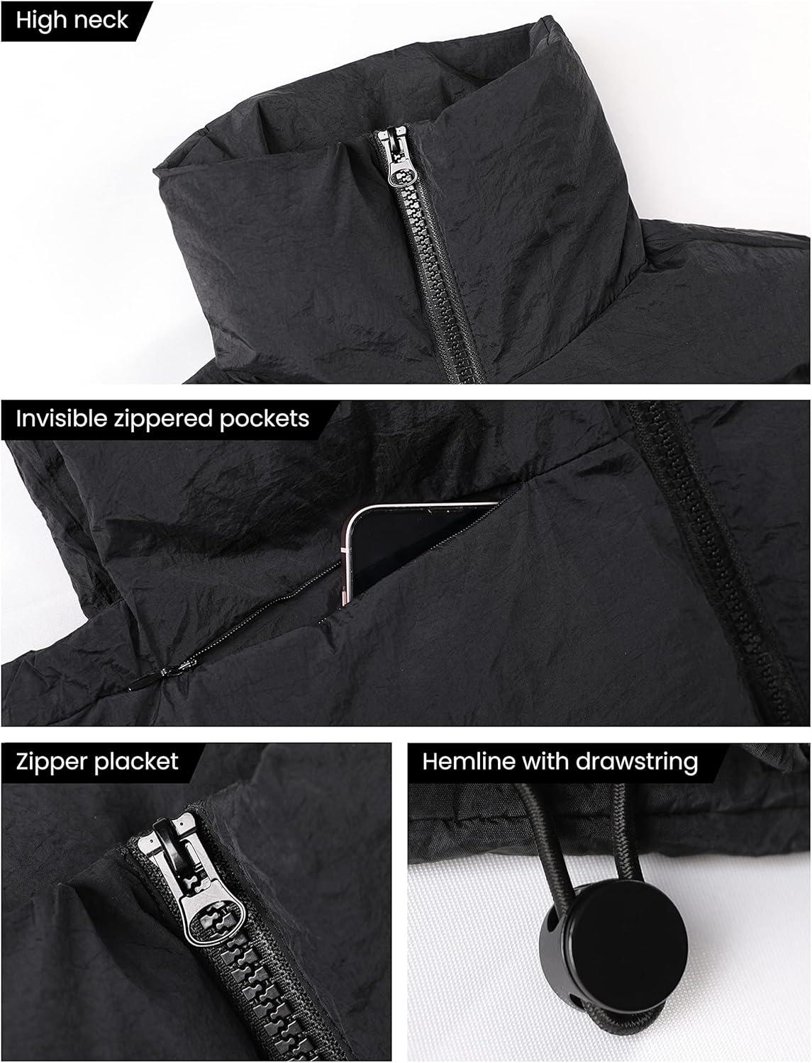 imageUANEO Cropped Puffer Vest Women Zip Up Stand Collar Sleeveless Padded Crop Puffy VestsBlack