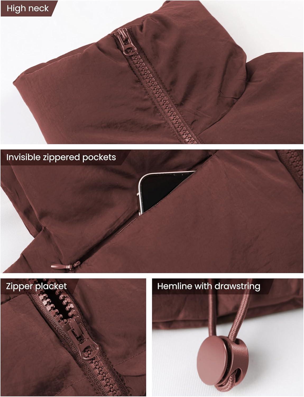 imageUANEO Cropped Puffer Vest Women Zip Up Stand Collar Sleeveless Padded Crop Puffy VestsBrown