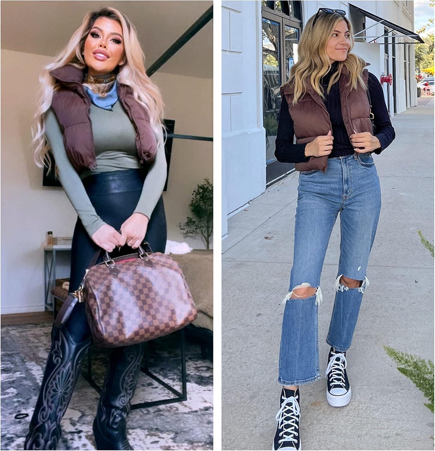 imageUANEO Cropped Puffer Vest Women Zip Up Stand Collar Sleeveless Padded Crop Puffy VestsBrown