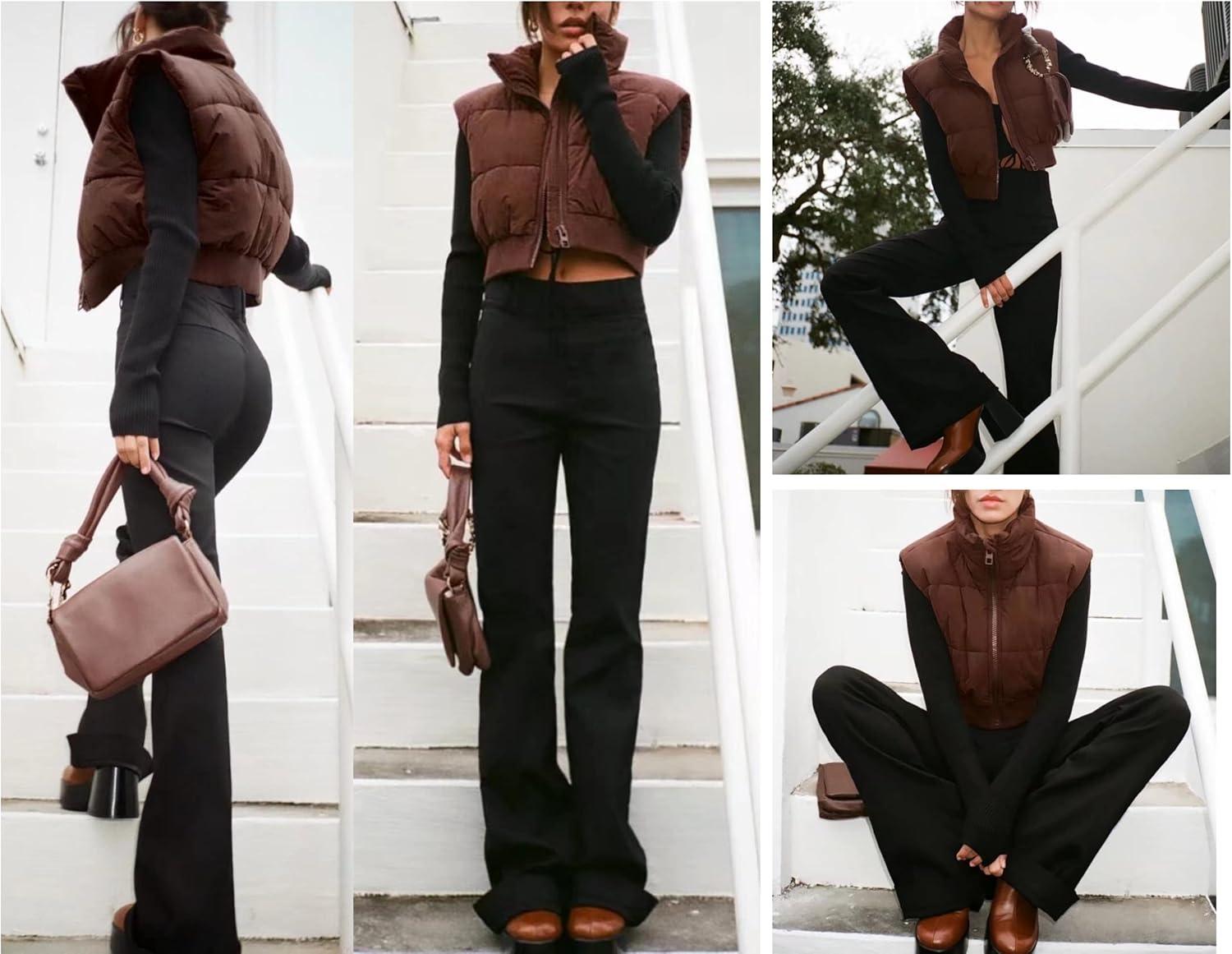 imageUANEO Cropped Puffer Vest Women Zip Up Stand Collar Sleeveless Padded Crop Puffy VestsBurgundy