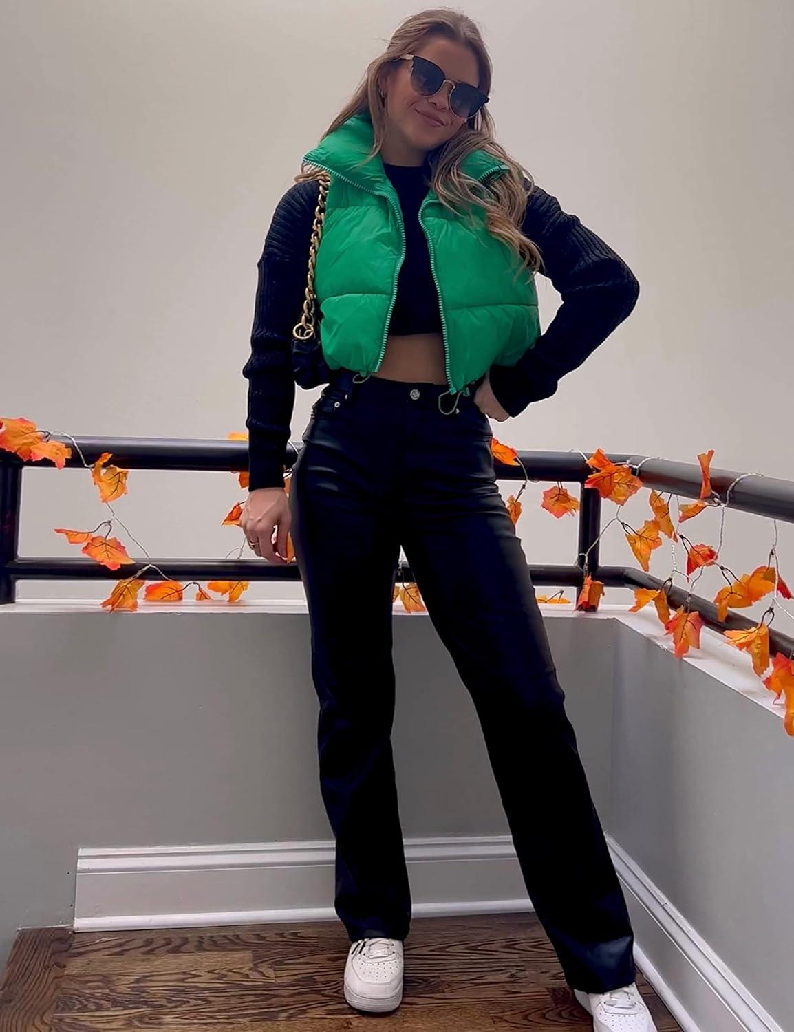 imageUANEO Cropped Puffer Vest Women Zip Up Stand Collar Sleeveless Padded Crop Puffy VestsGreen